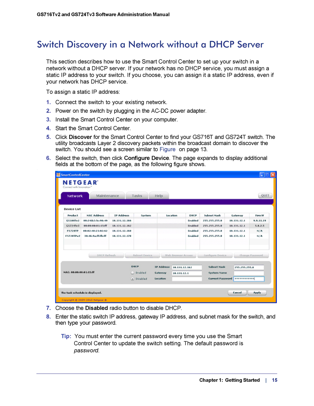 NETGEAR GS724TS-100NAS manual Switch Discovery in a Network without a Dhcp Server, Password 