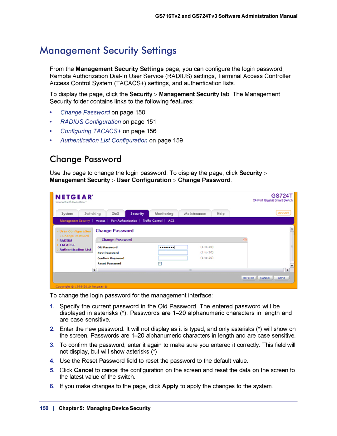 NETGEAR GS724TS-100NAS manual Management Security Settings, Change Password 