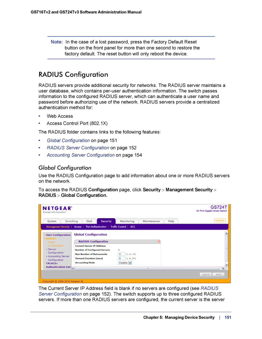 NETGEAR GS724TS-100NAS manual Radius Configuration, Global Configuration 