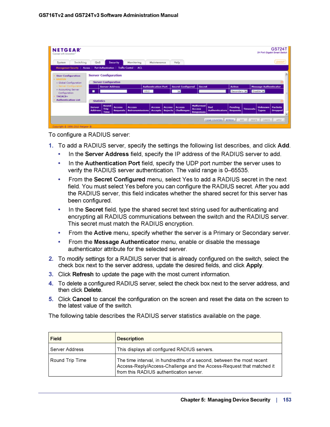 NETGEAR GS724TS-100NAS manual Field Description 