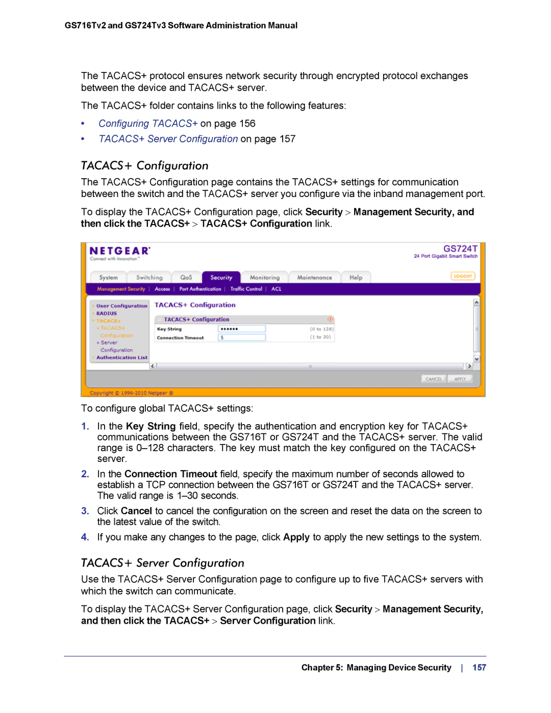 NETGEAR GS724TS-100NAS manual TACACS+ Configuration, TACACS+ Server Configuration 