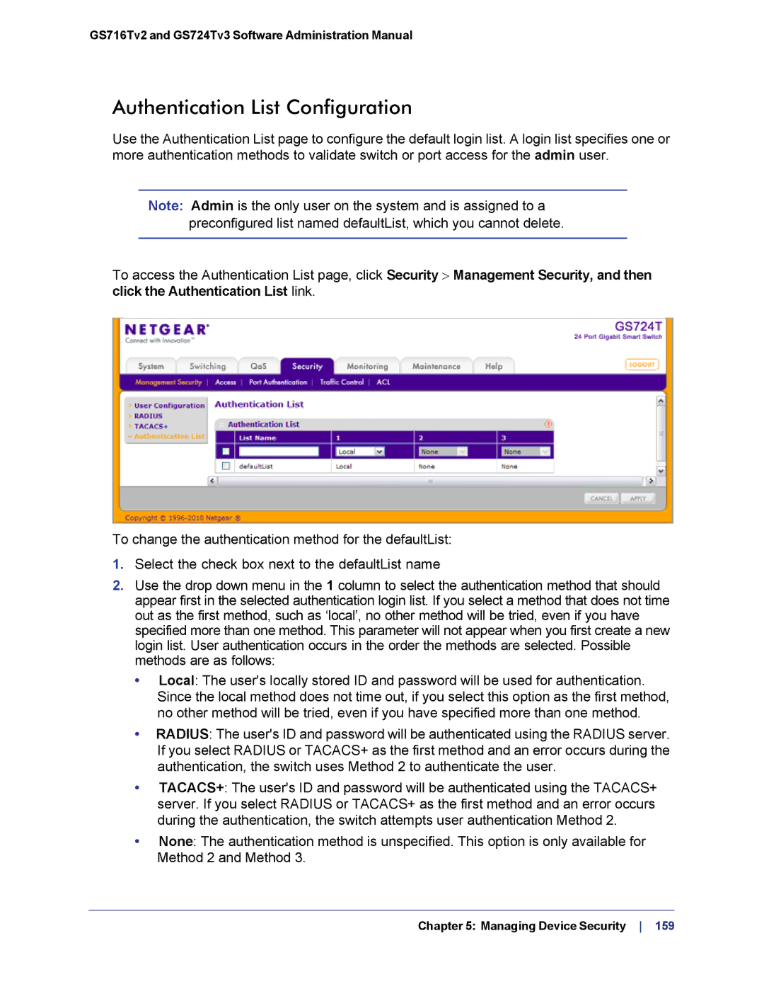 NETGEAR GS724TS-100NAS manual Authentication List Configuration, Click the Authentication List link 