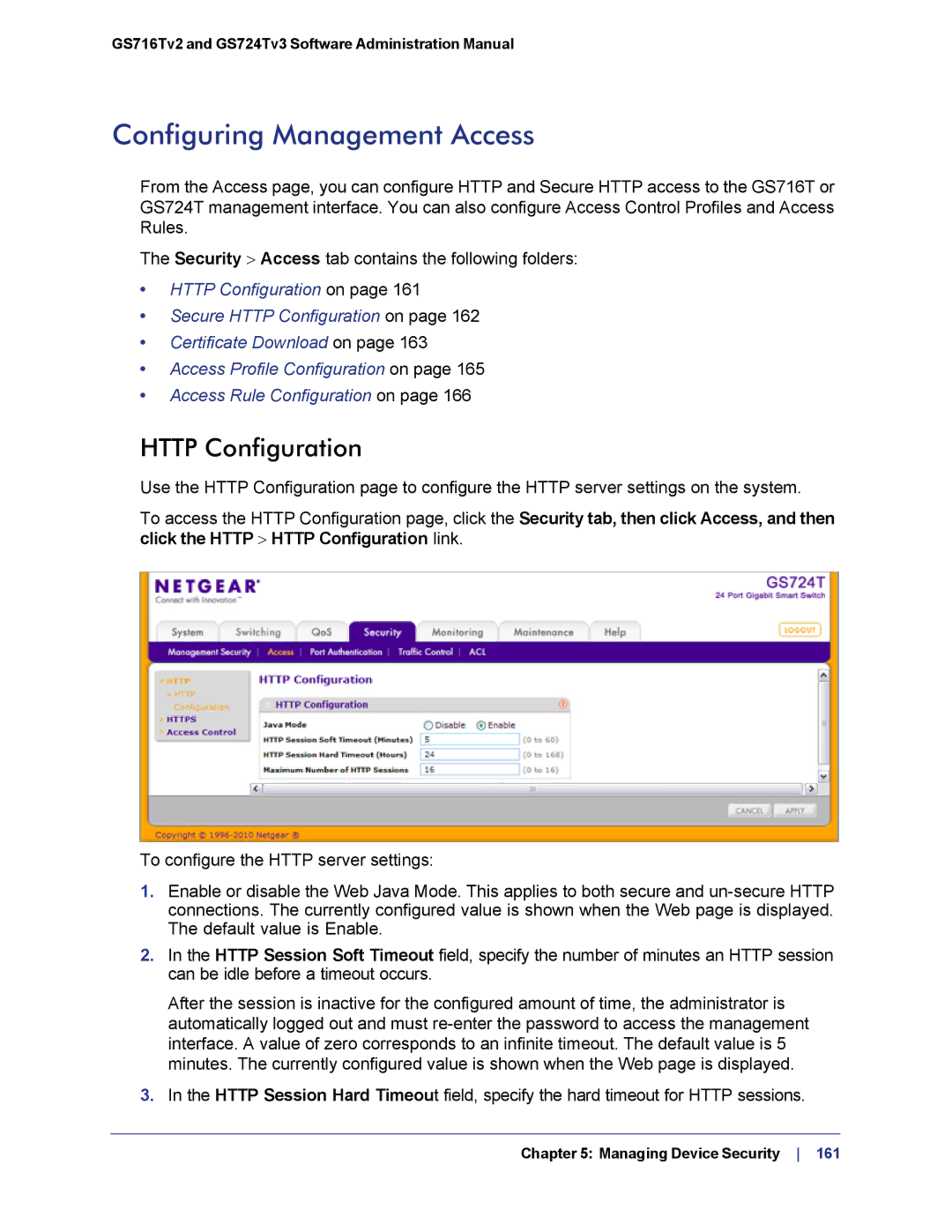 NETGEAR GS724TS-100NAS manual Configuring Management Access, Http Configuration 