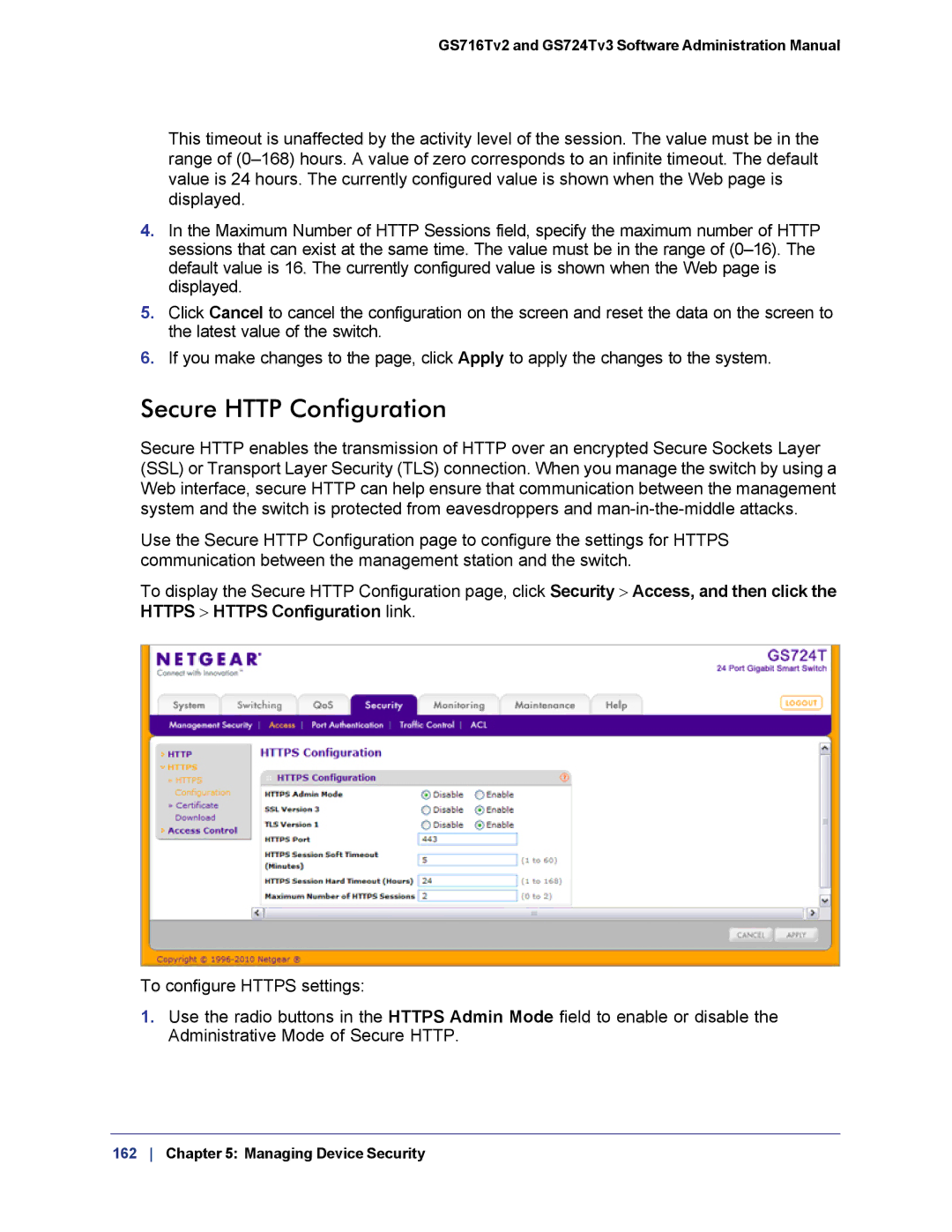 NETGEAR GS724TS-100NAS manual Secure Http Configuration 