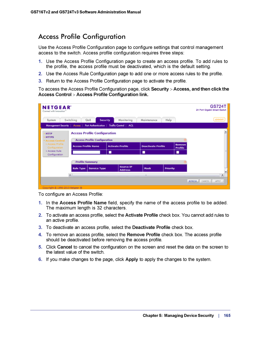 NETGEAR GS724TS-100NAS manual Access Profile Configuration 