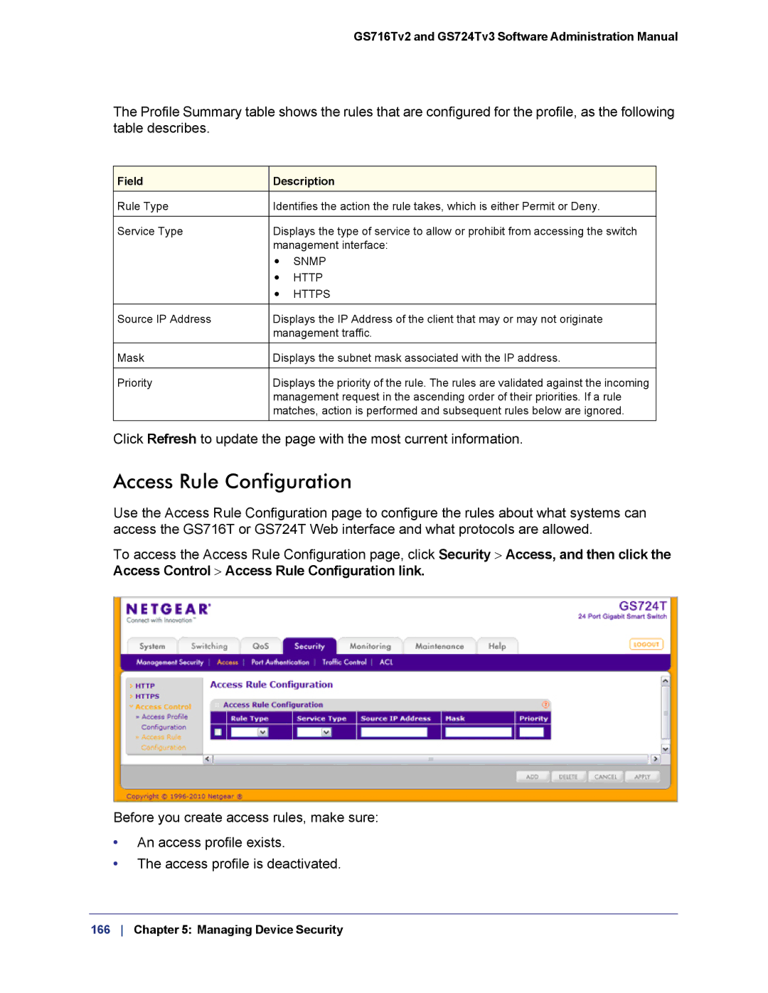 NETGEAR GS724TS-100NAS manual Access Rule Configuration, Https 