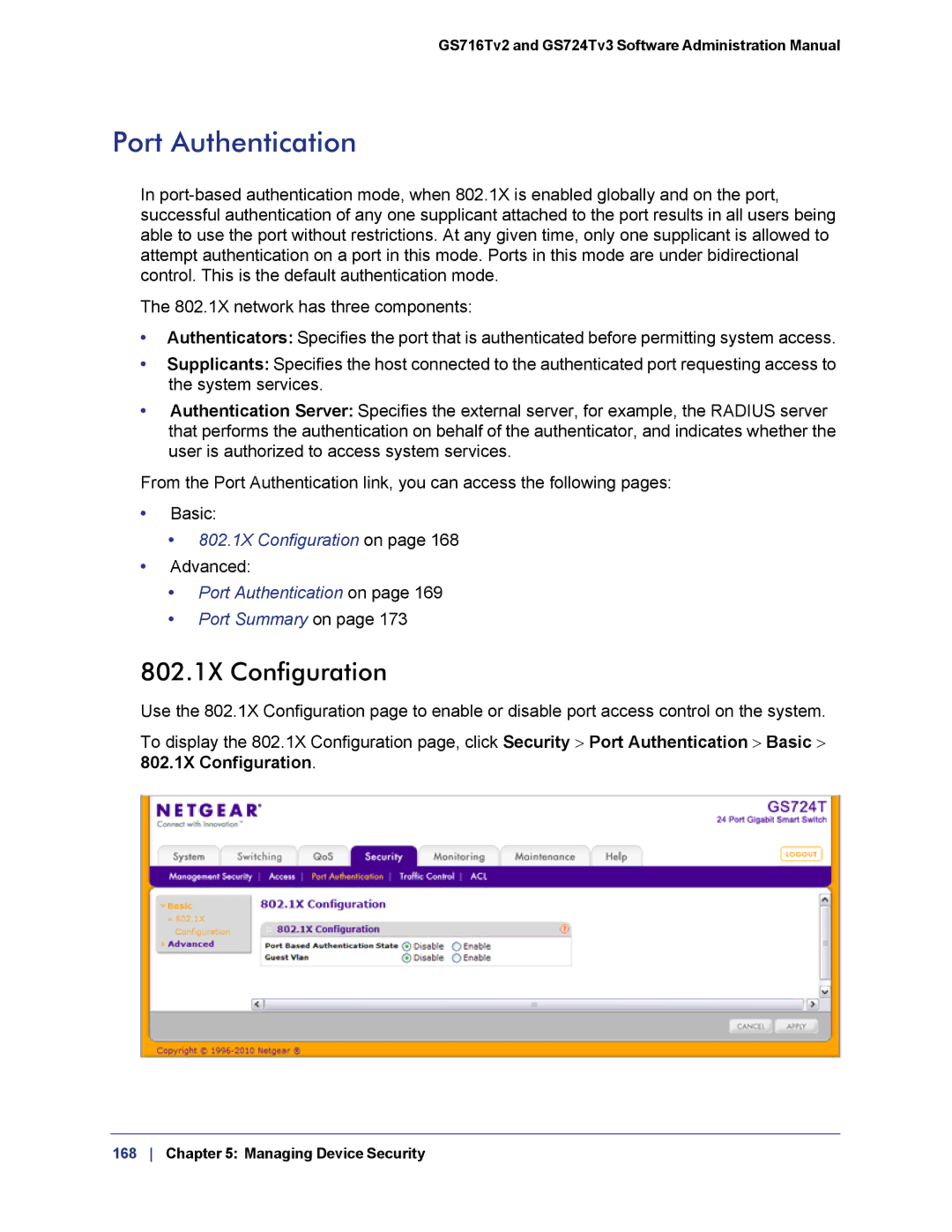 NETGEAR GS724TS-100NAS manual Port Authentication, 802.1X Configuration 