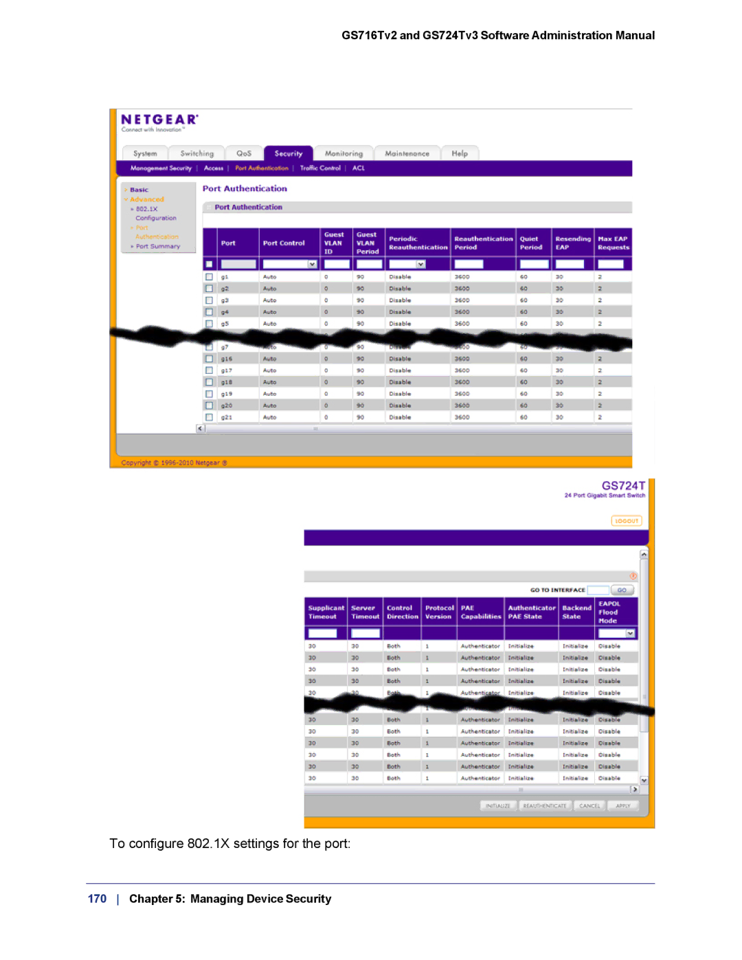 NETGEAR GS724TS-100NAS manual To configure 802.1X settings for the port 