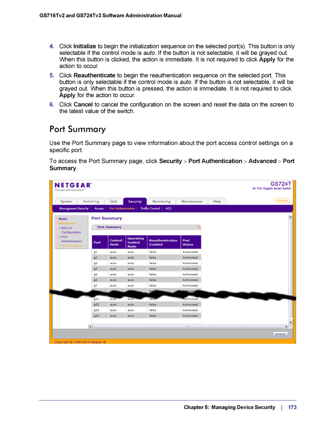 NETGEAR GS724TS-100NAS manual Port Summary 