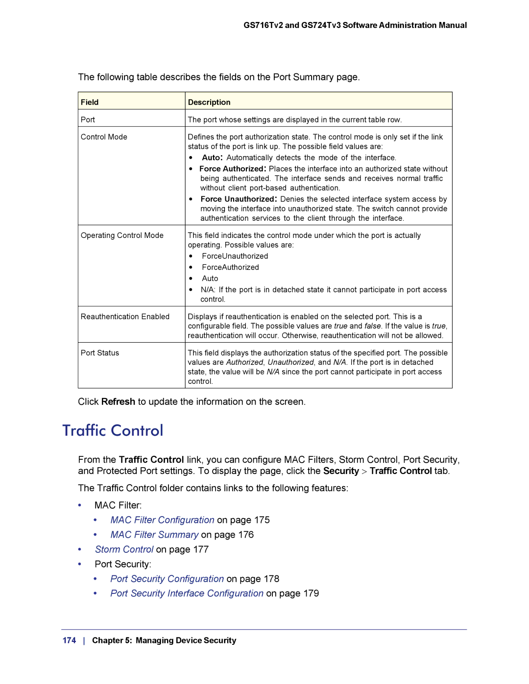 NETGEAR GS724TS-100NAS manual Traffic Control, Following table describes the fields on the Port Summary 