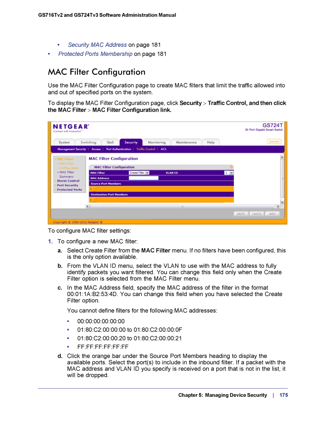 NETGEAR GS724TS-100NAS manual MAC Filter Configuration, Ffffffffffff 