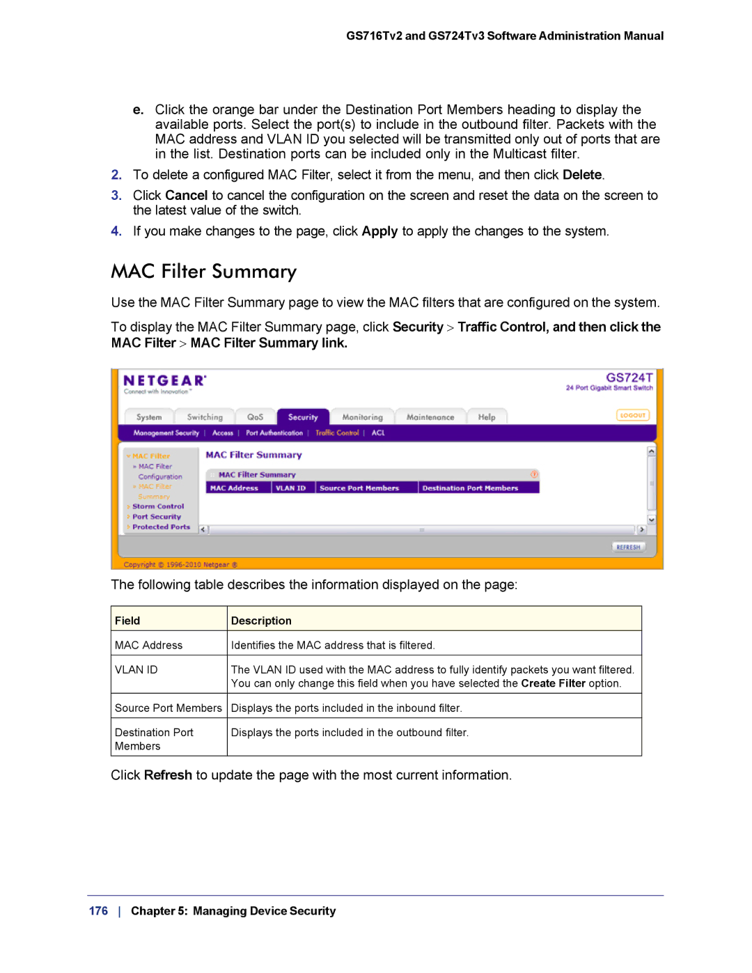 NETGEAR GS724TS-100NAS manual MAC Filter Summary 