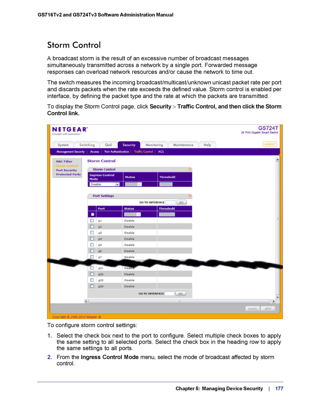 NETGEAR GS724TS-100NAS manual Storm Control 