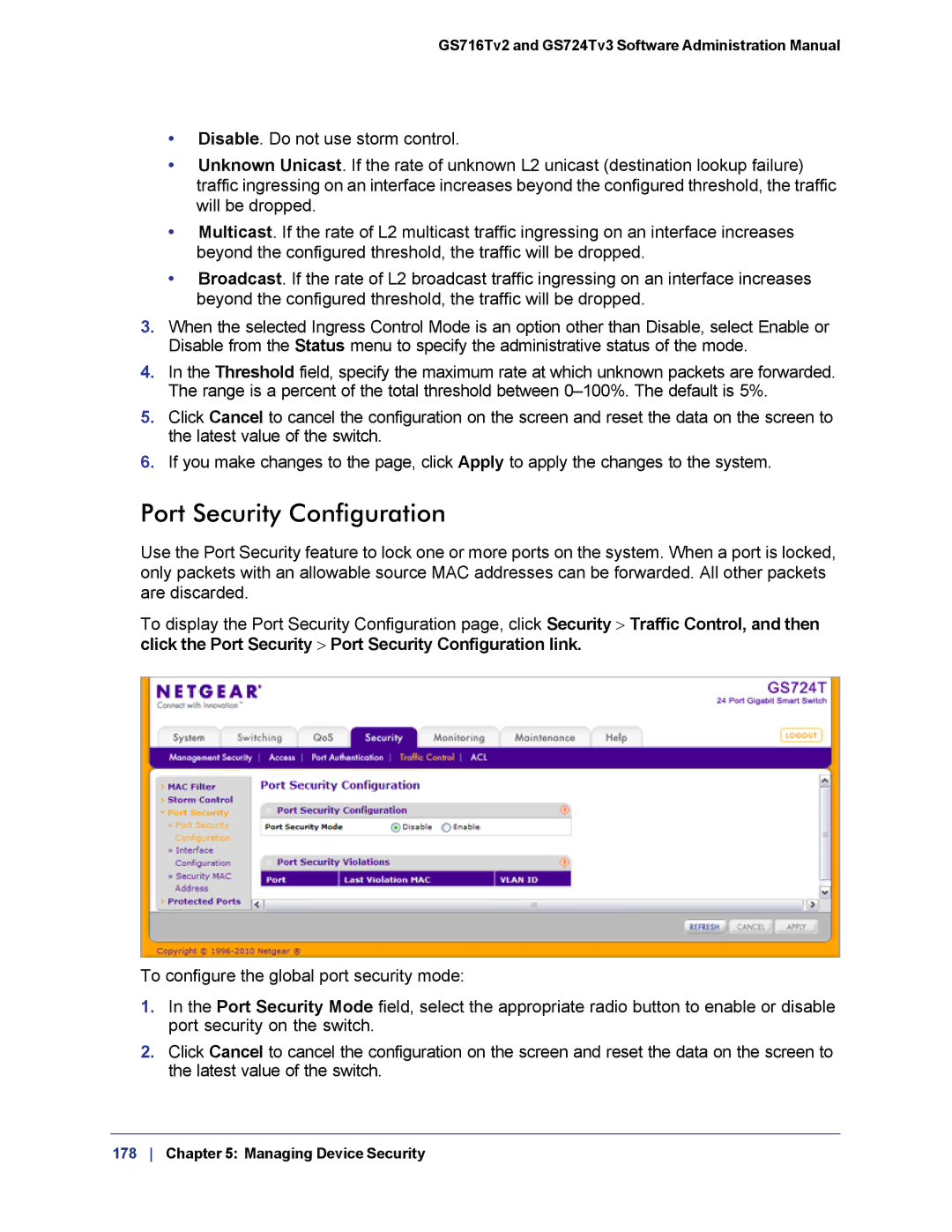 NETGEAR GS724TS-100NAS manual Port Security Configuration 