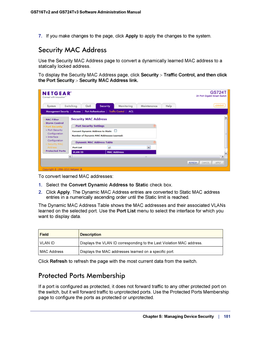 NETGEAR GS724TS-100NAS manual Security MAC Address, Protected Ports Membership 