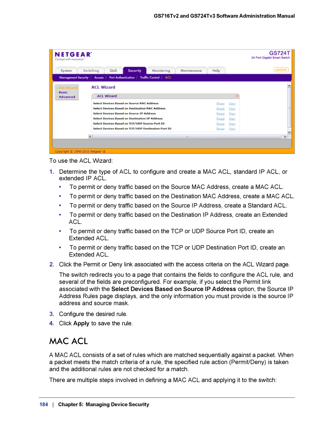 NETGEAR GS724TS-100NAS manual Mac Acl 