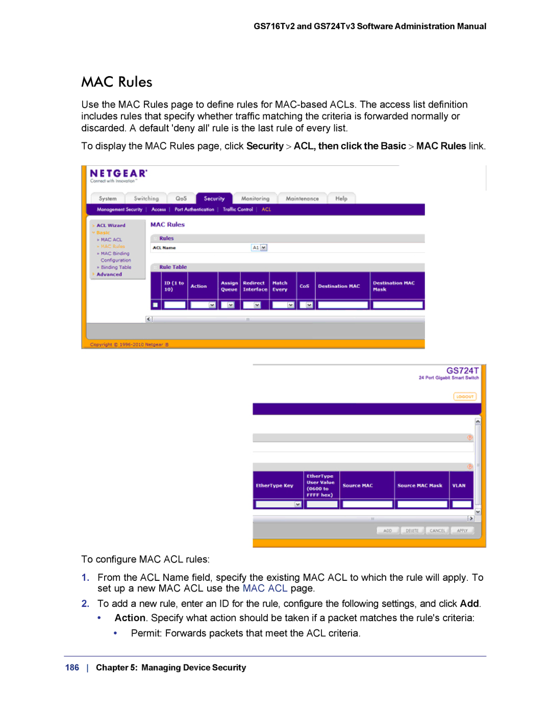 NETGEAR GS724TS-100NAS manual MAC Rules 