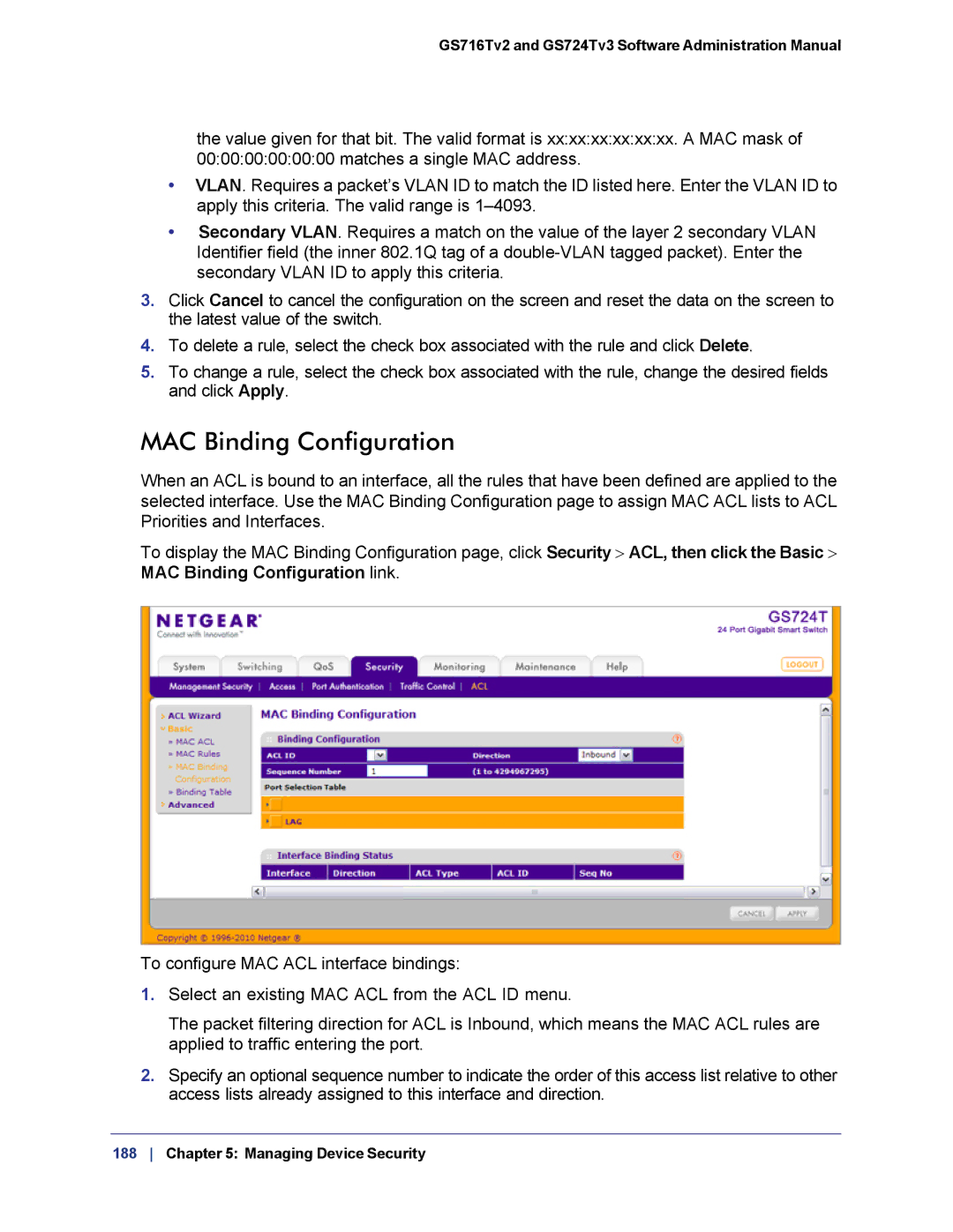 NETGEAR GS724TS-100NAS manual MAC Binding Configuration 