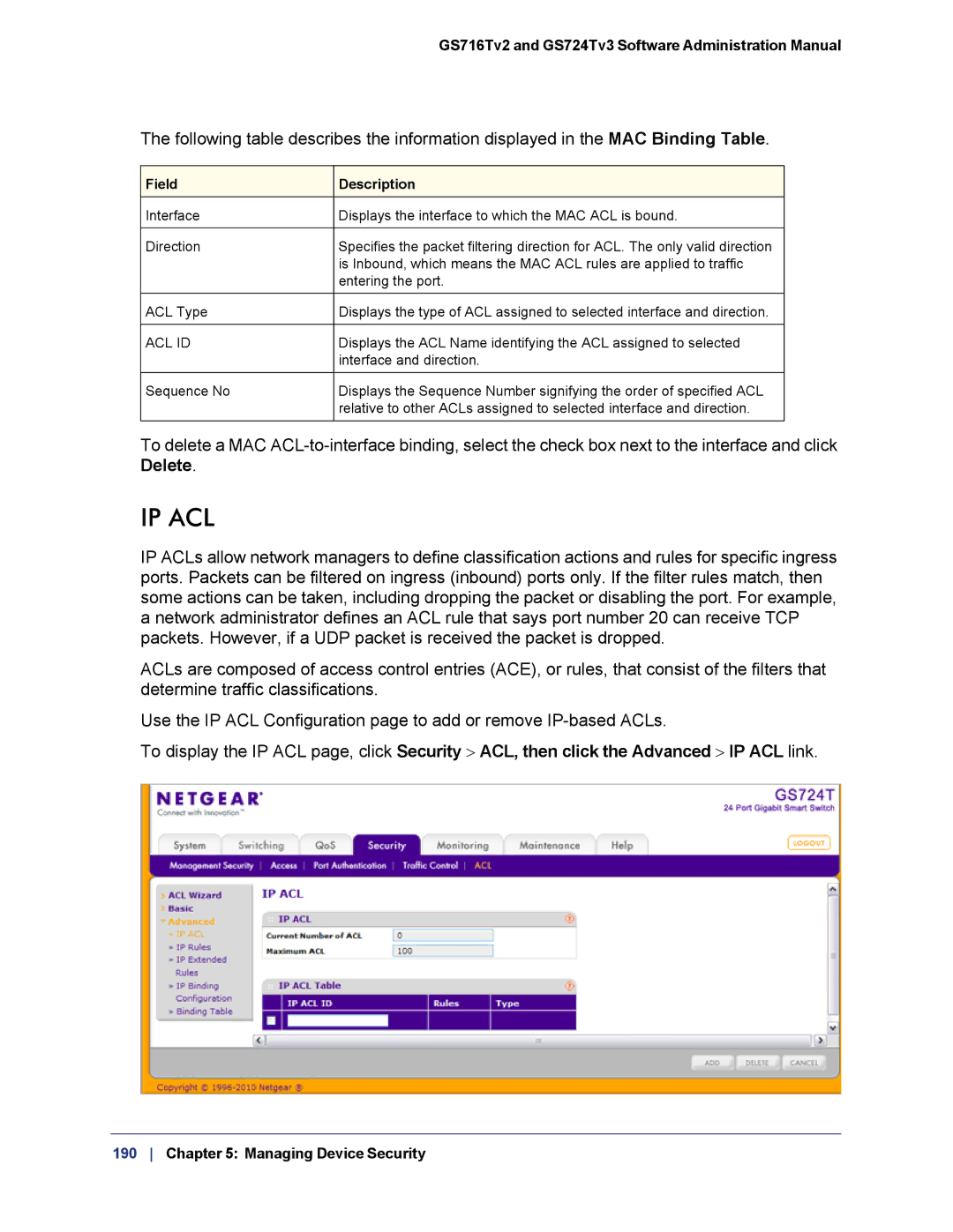 NETGEAR GS724TS-100NAS manual Ip Acl 