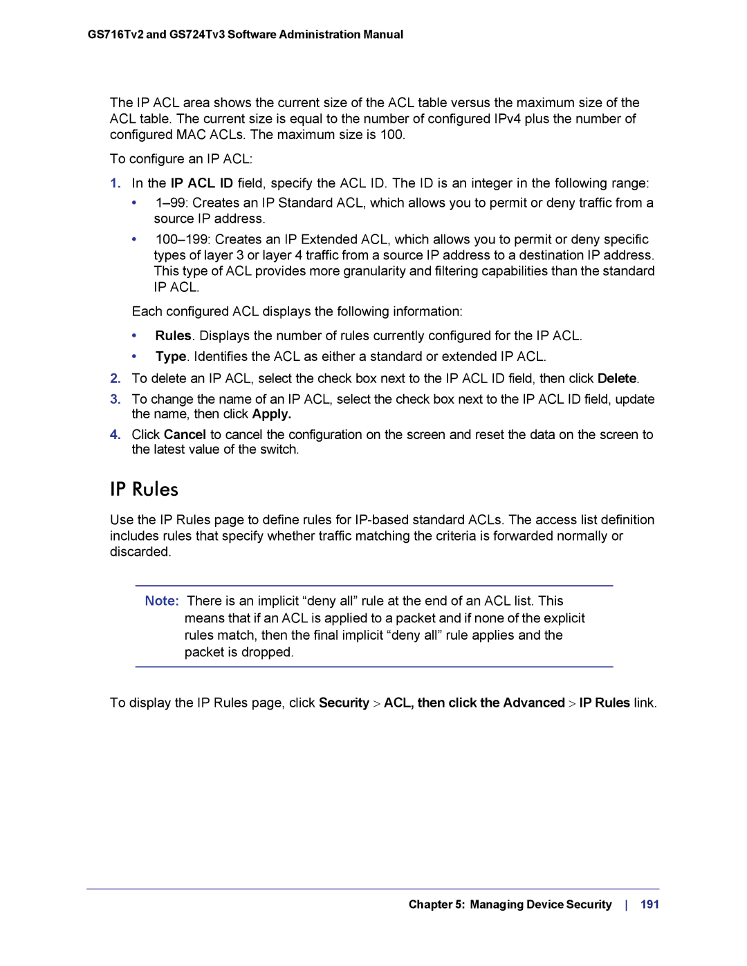 NETGEAR GS724TS-100NAS manual IP Rules, Ip Acl 