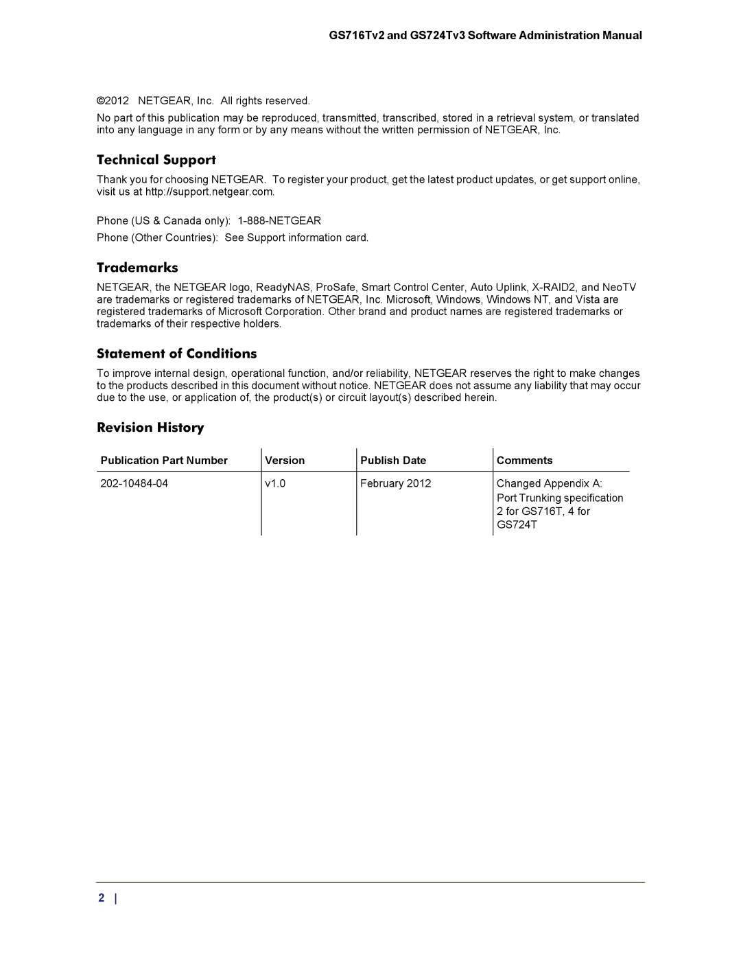 NETGEAR GS724TS-100NAS manual Technical Support, Trademarks, Statement of Conditions, Revision History 