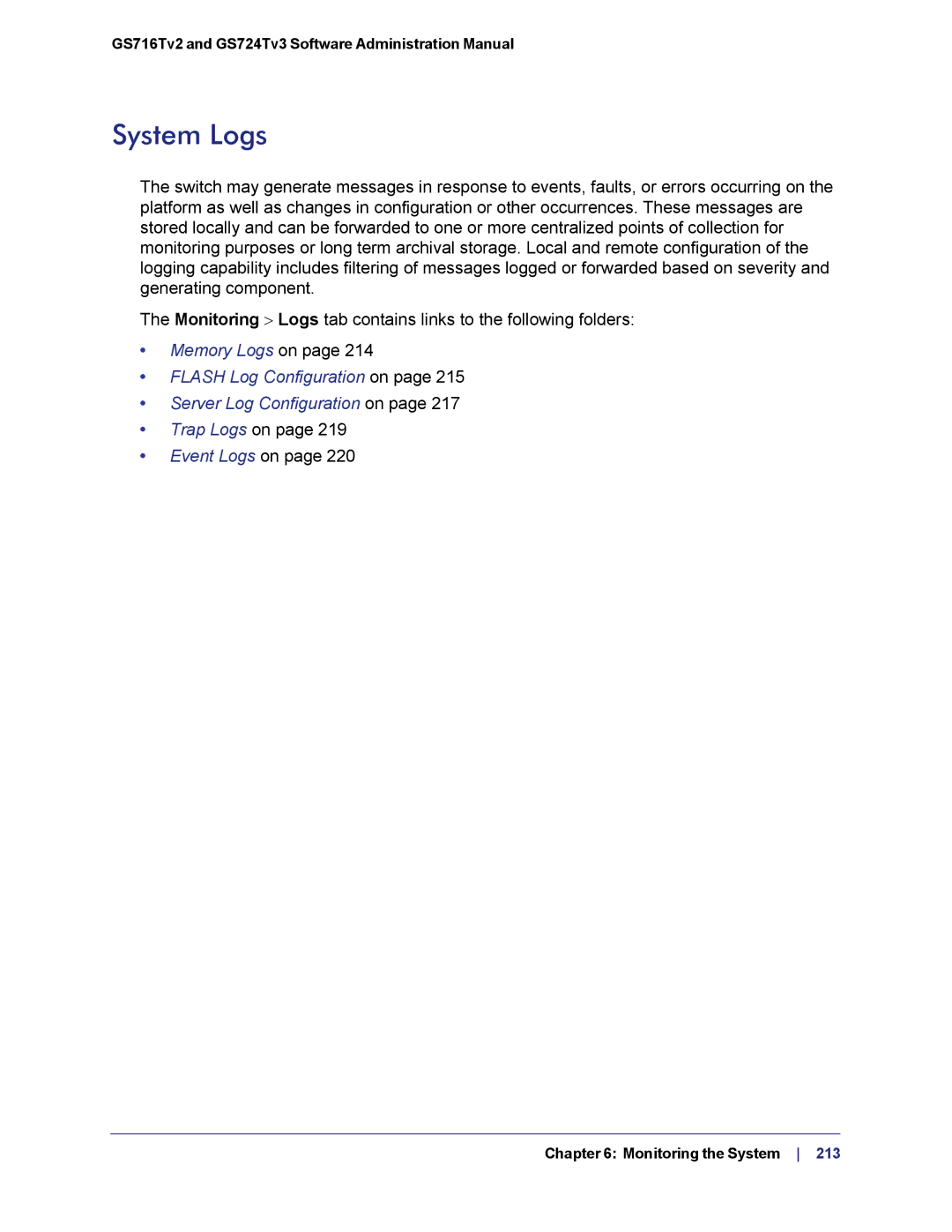 NETGEAR GS724TS-100NAS manual System Logs 