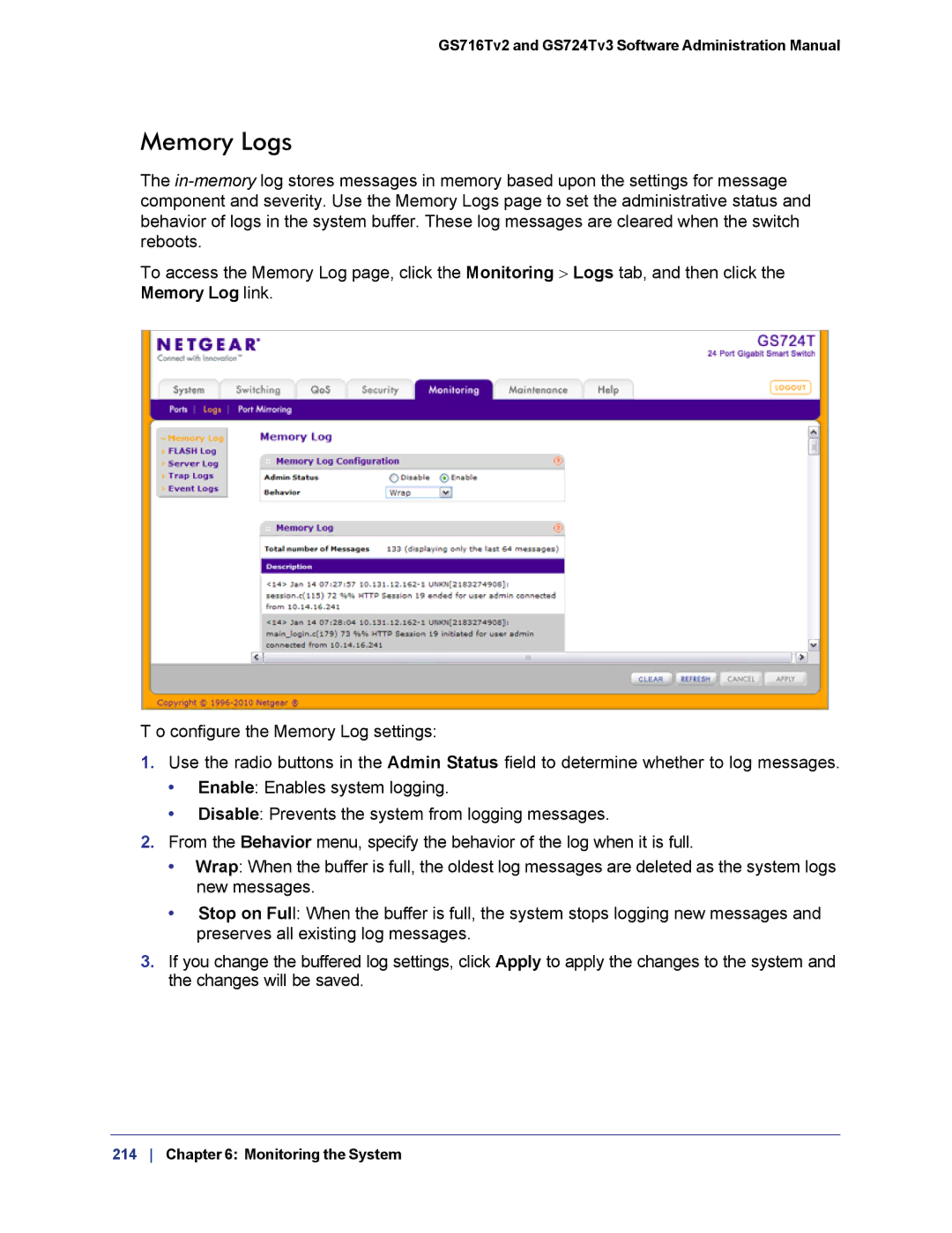 NETGEAR GS724TS-100NAS manual Memory Logs 