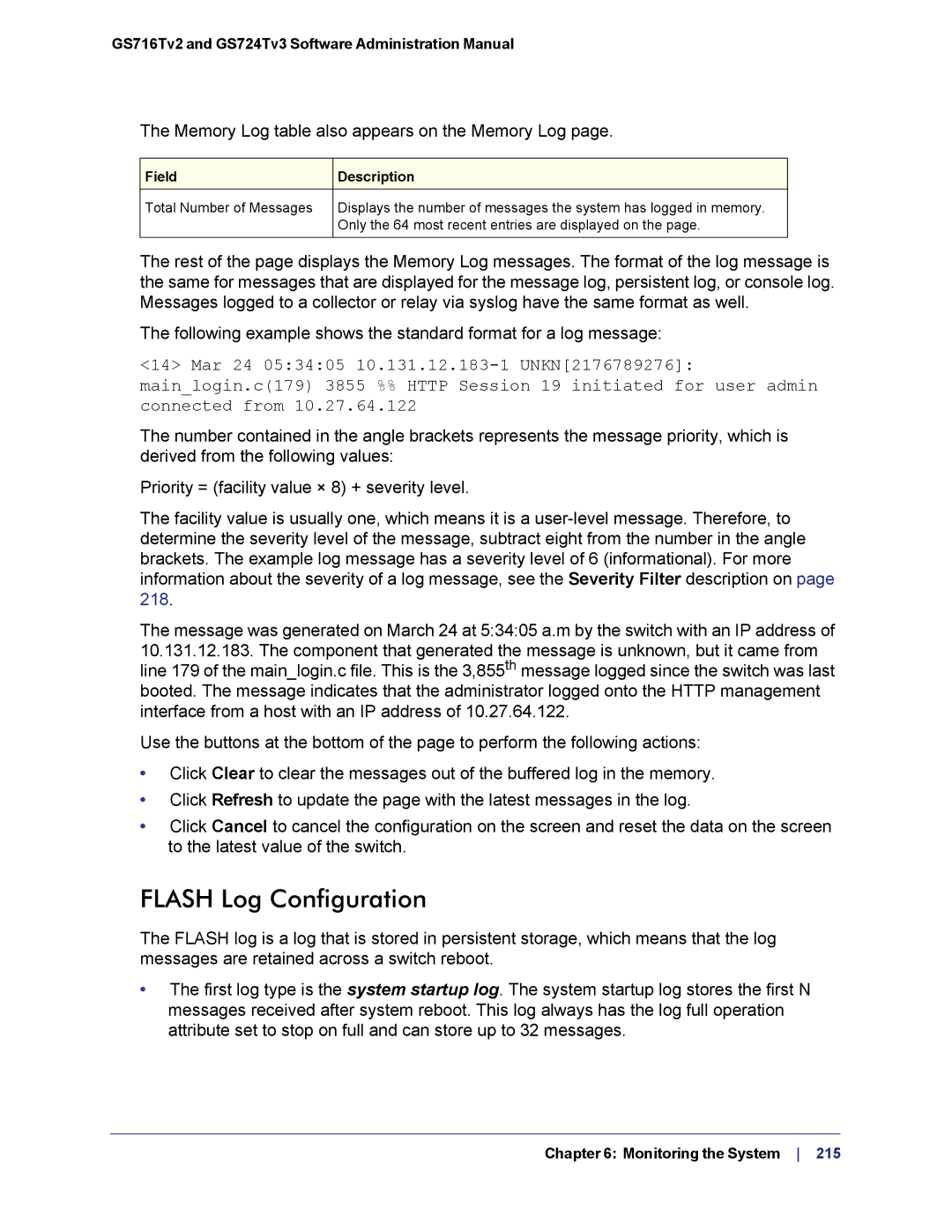 NETGEAR GS724TS-100NAS manual Flash Log Configuration, Memory Log table also appears on the Memory Log 