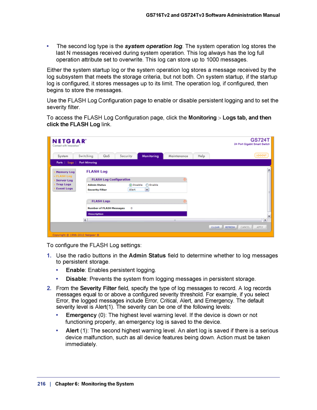 NETGEAR GS724TS-100NAS manual Click the Flash Log link 