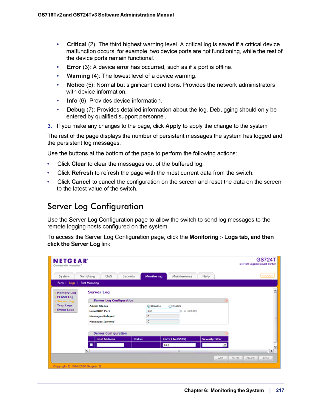 NETGEAR GS724TS-100NAS manual Server Log Configuration 