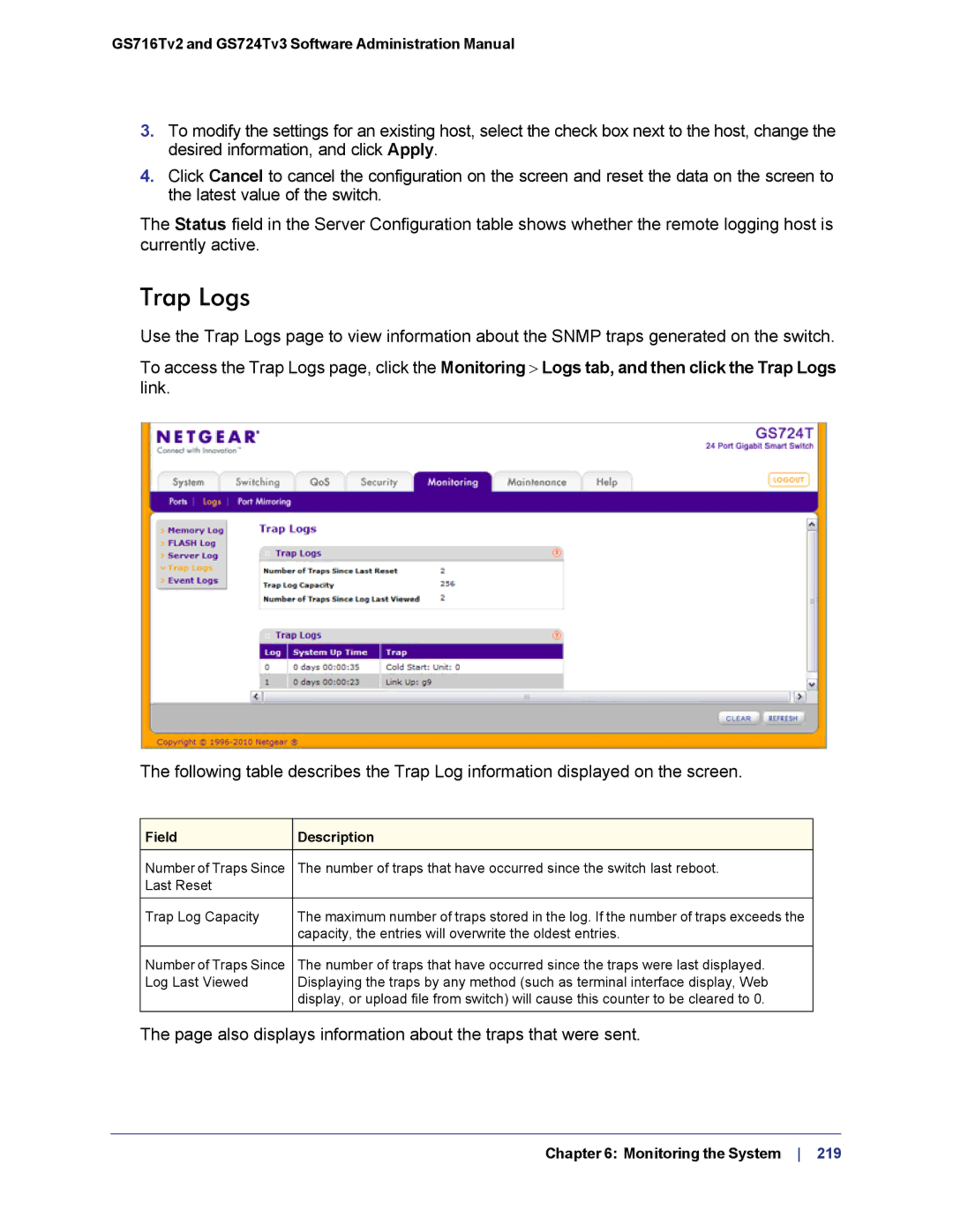 NETGEAR GS724TS-100NAS manual Trap Logs, Also displays information about the traps that were sent 