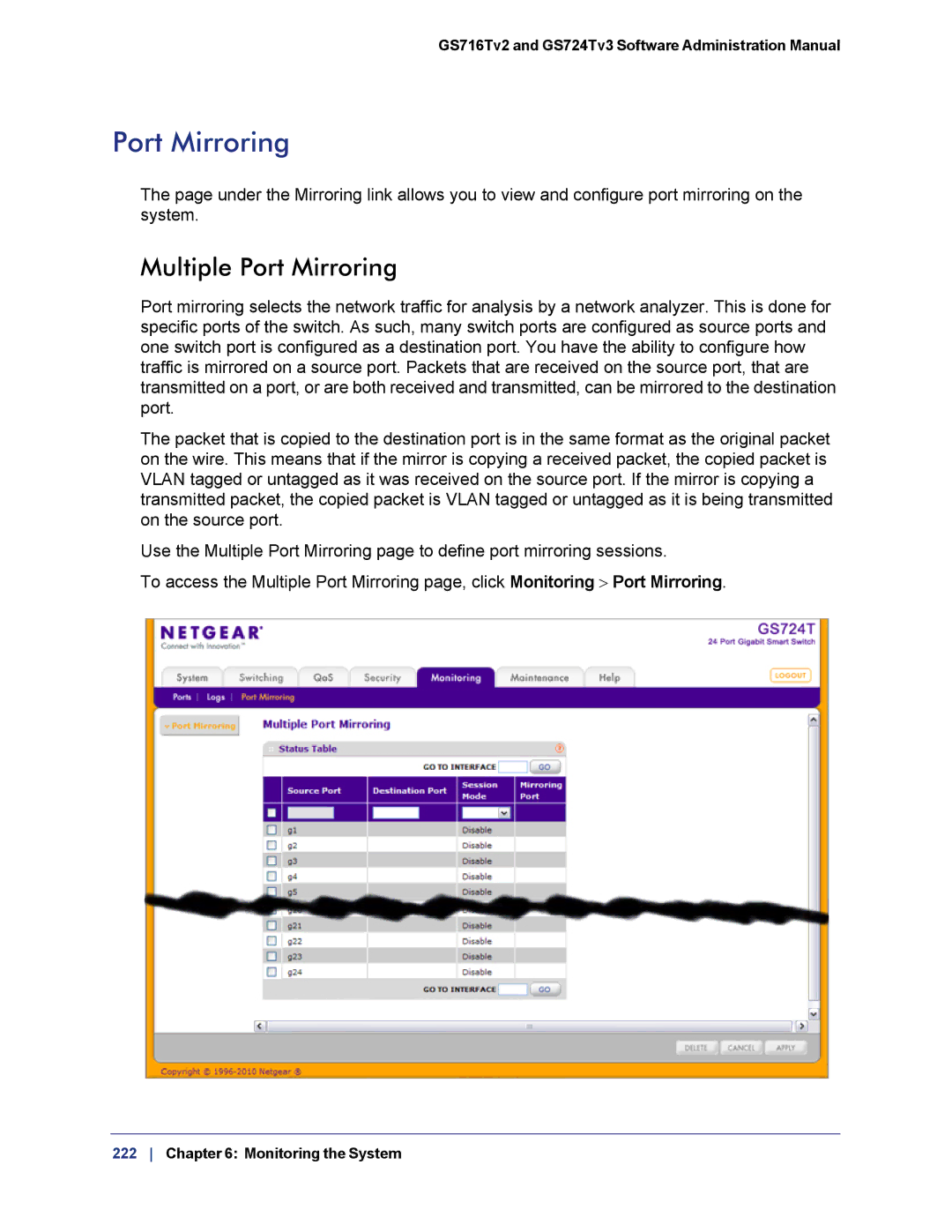 NETGEAR GS724TS-100NAS manual Multiple Port Mirroring 