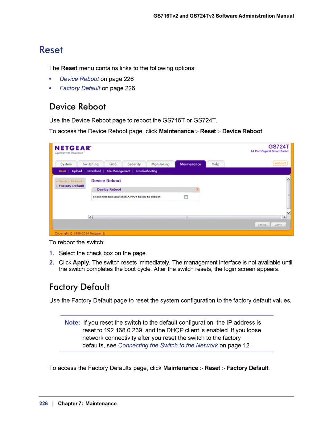 NETGEAR GS724TS-100NAS manual Reset, Device Reboot, Factory Default 