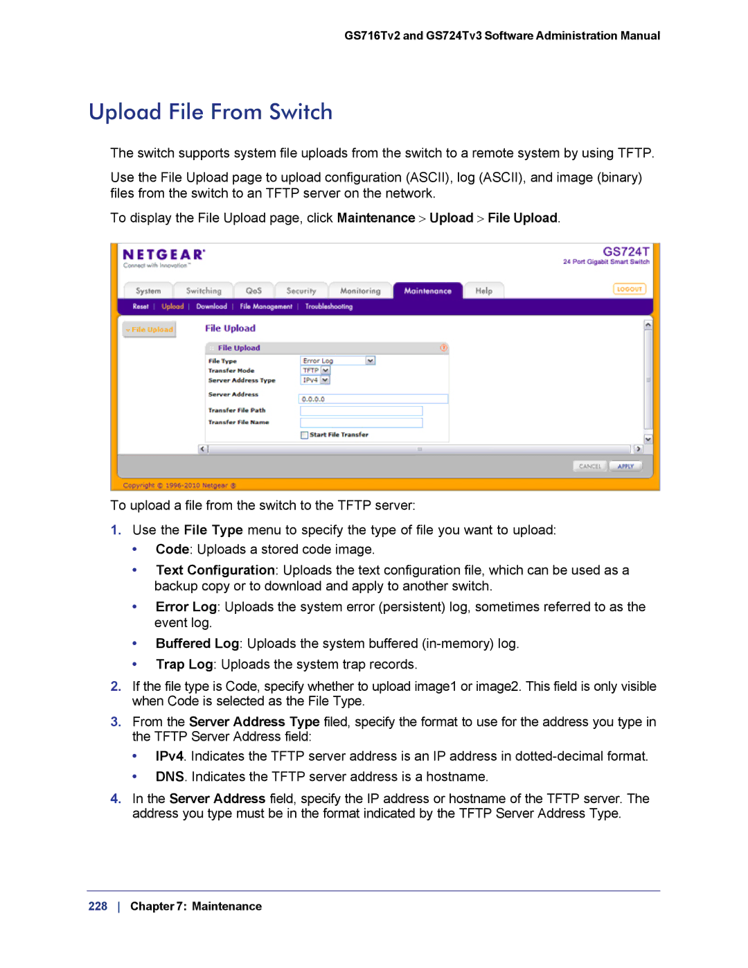 NETGEAR GS724TS-100NAS manual Upload File From Switch 