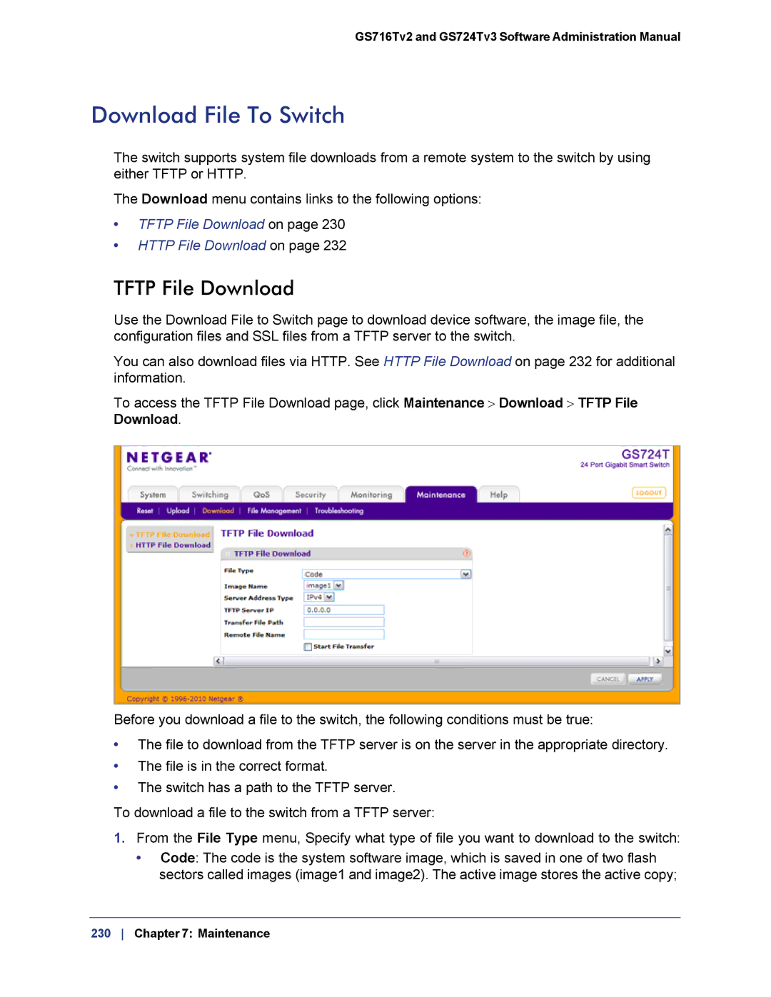 NETGEAR GS724TS-100NAS manual Download File To Switch, Tftp File Download 