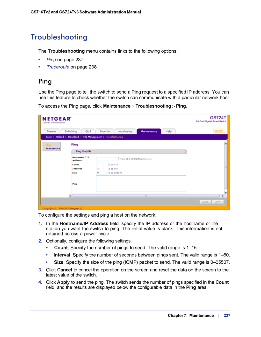 NETGEAR GS724TS-100NAS manual Troubleshooting, Ping 