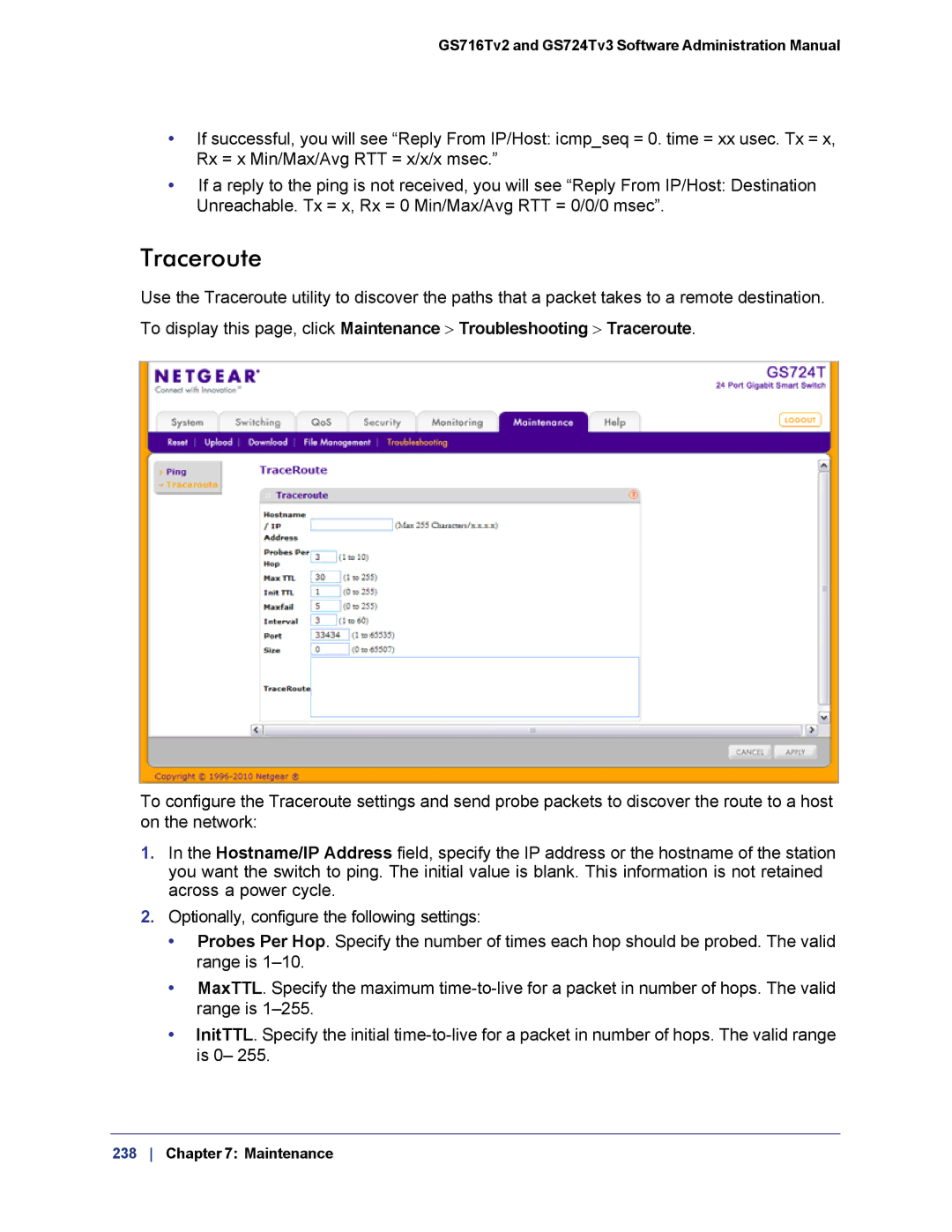 NETGEAR GS724TS-100NAS manual Traceroute 