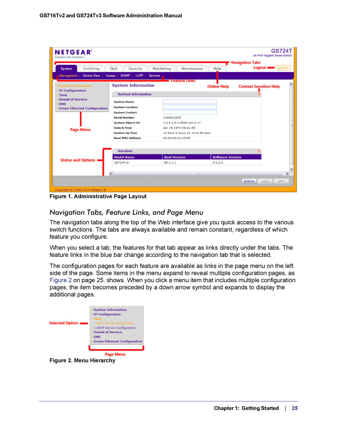 NETGEAR GS724TS-100NAS manual Navigation Tabs, Feature Links, and Page Menu, Administrative Page Layout 