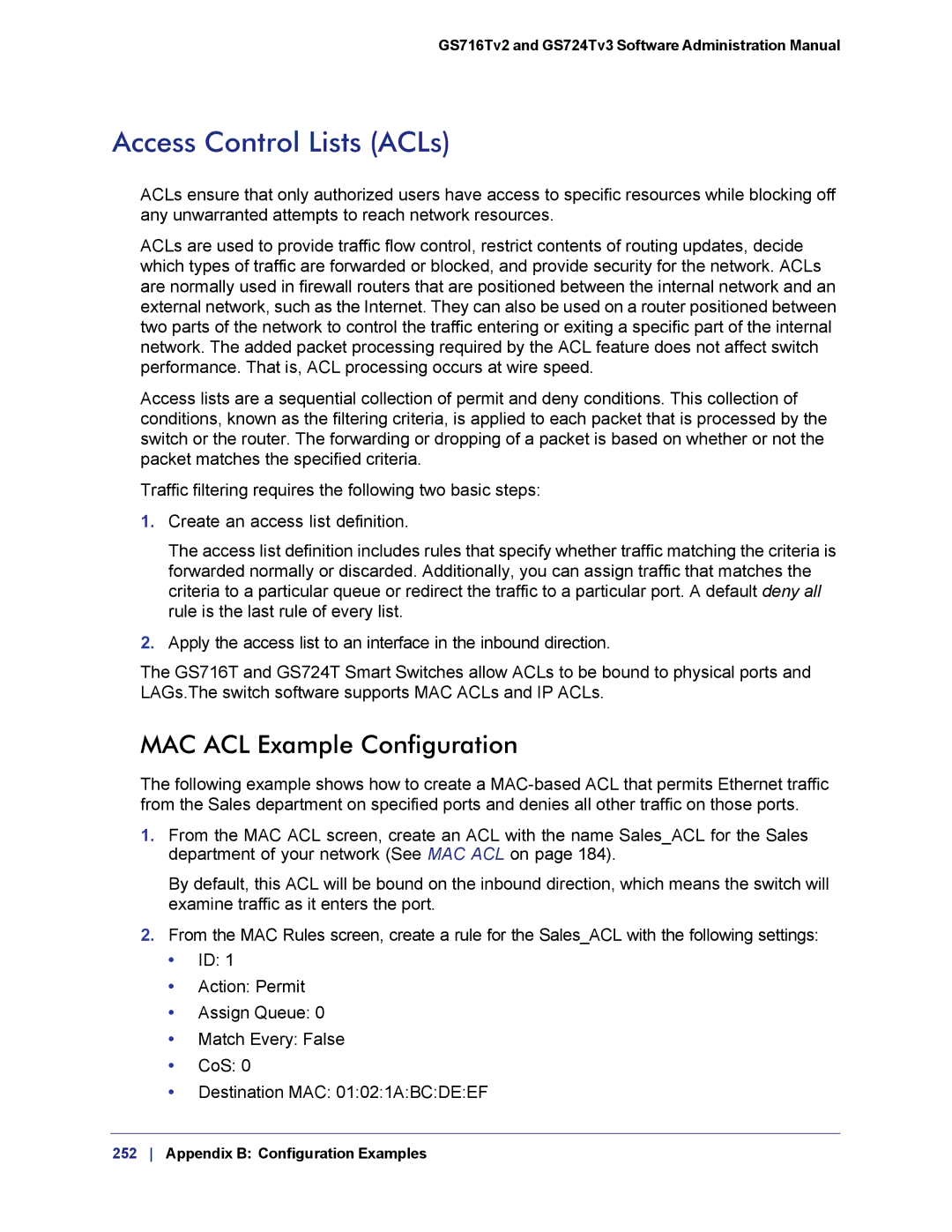 NETGEAR GS724TS-100NAS manual Access Control Lists ACLs, MAC ACL Example Configuration 