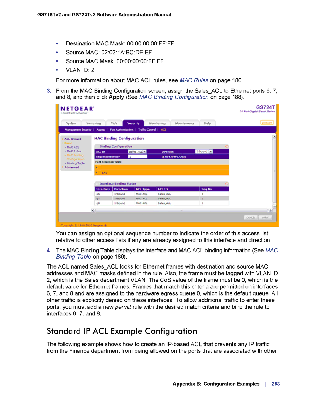 NETGEAR GS724TS-100NAS manual Standard IP ACL Example Configuration 