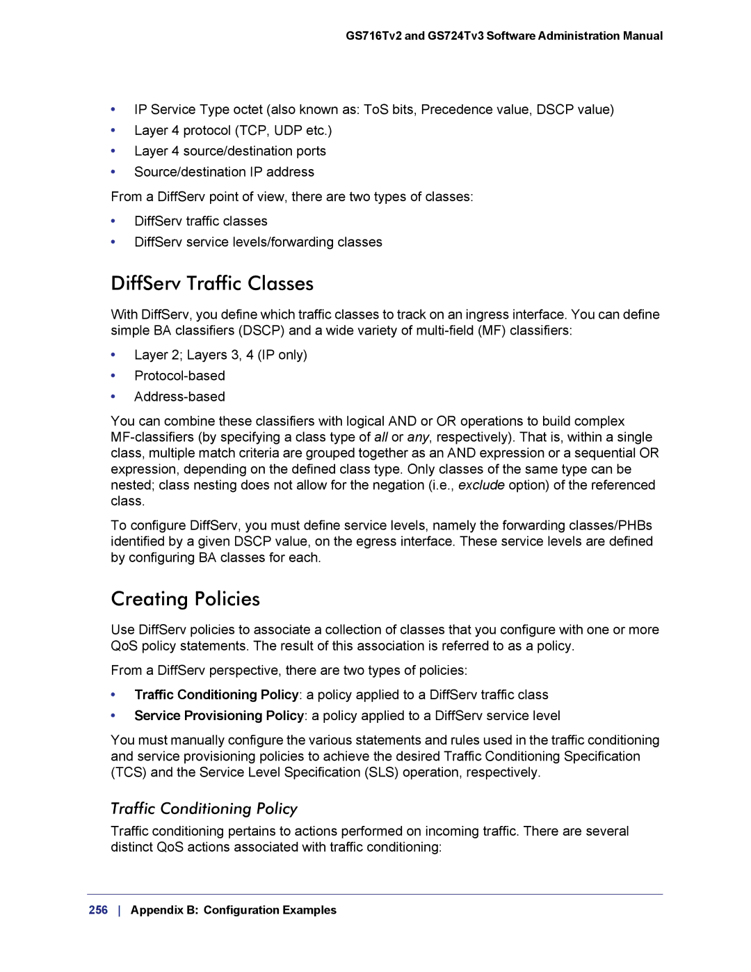 NETGEAR GS724TS-100NAS manual DiffServ Traffic Classes, Creating Policies, Traffic Conditioning Policy 