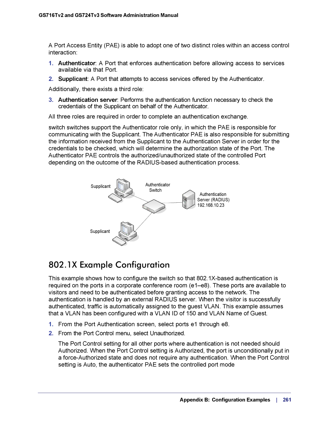 NETGEAR GS724TS-100NAS manual 802.1X Example Configuration 