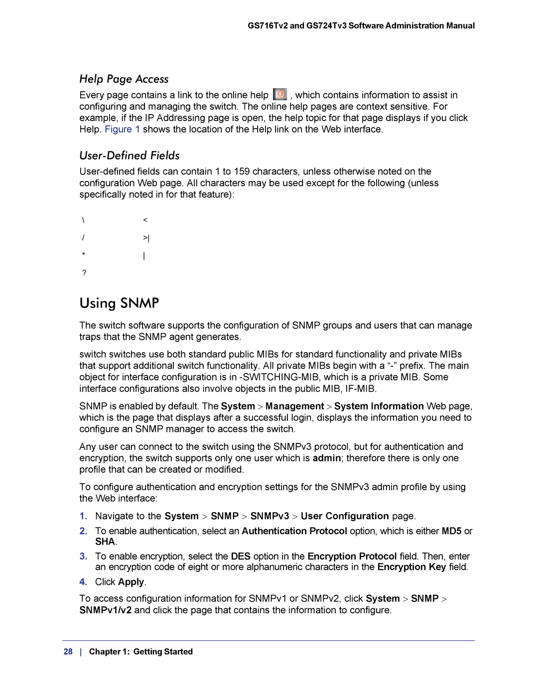 NETGEAR GS724TS-100NAS manual Using Snmp, Help Page Access, User-Defined Fields 