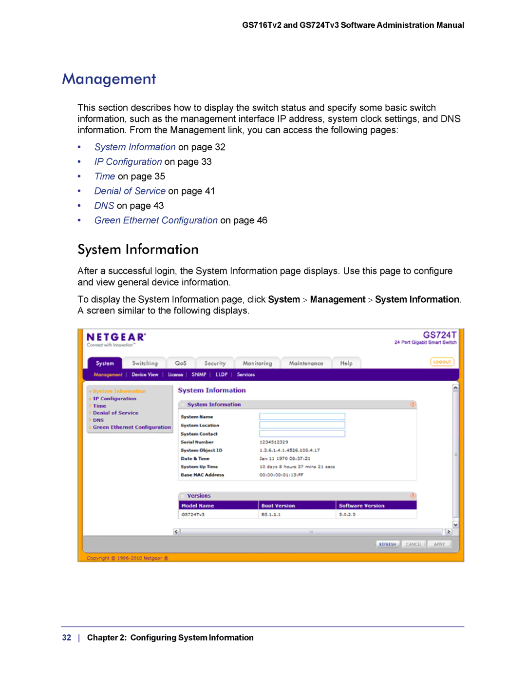 NETGEAR GS724TS-100NAS manual Management, System Information 