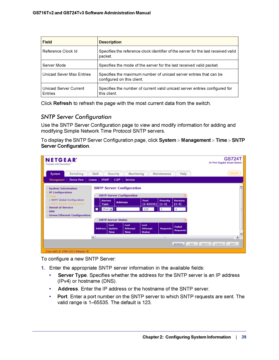 NETGEAR GS724TS-100NAS manual Sntp Server Configuration 