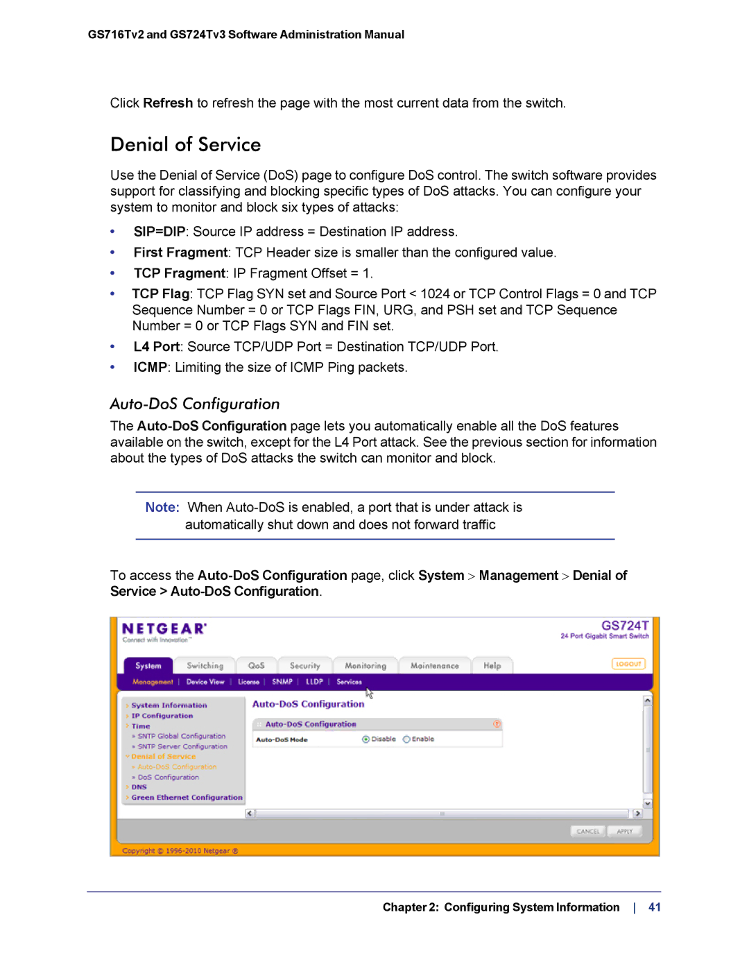 NETGEAR GS724TS-100NAS manual Denial of Service, Auto-DoS Configuration 