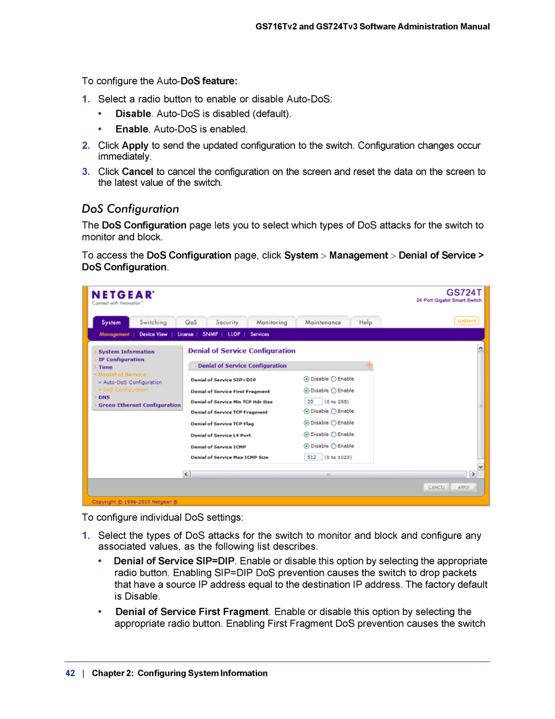 NETGEAR GS724TS-100NAS manual DoS Configuration 