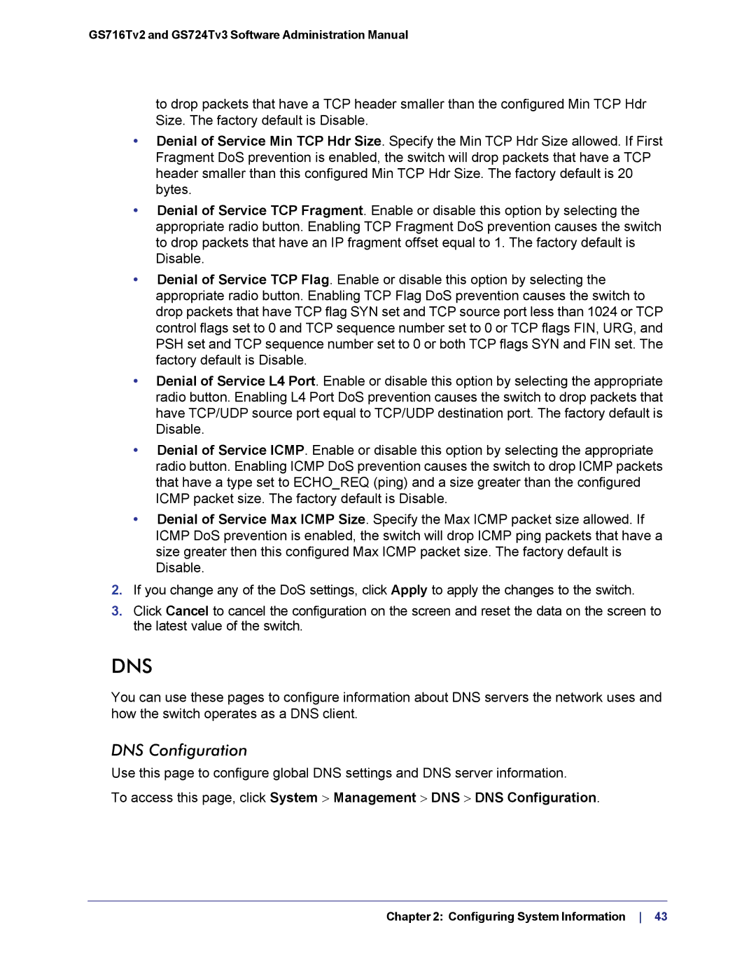 NETGEAR GS724TS-100NAS manual Dns, DNS Configuration 