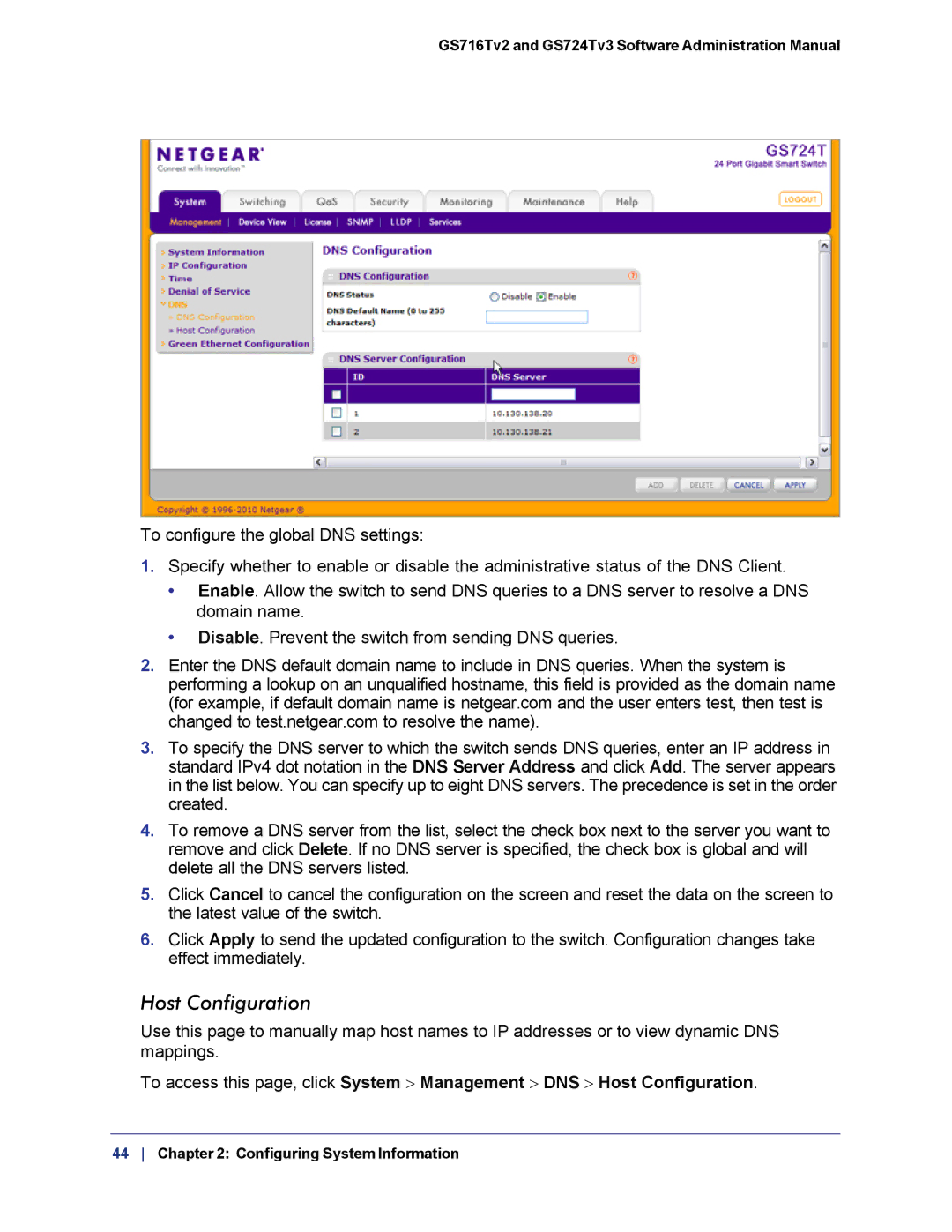 NETGEAR GS724TS-100NAS manual Host Configuration 