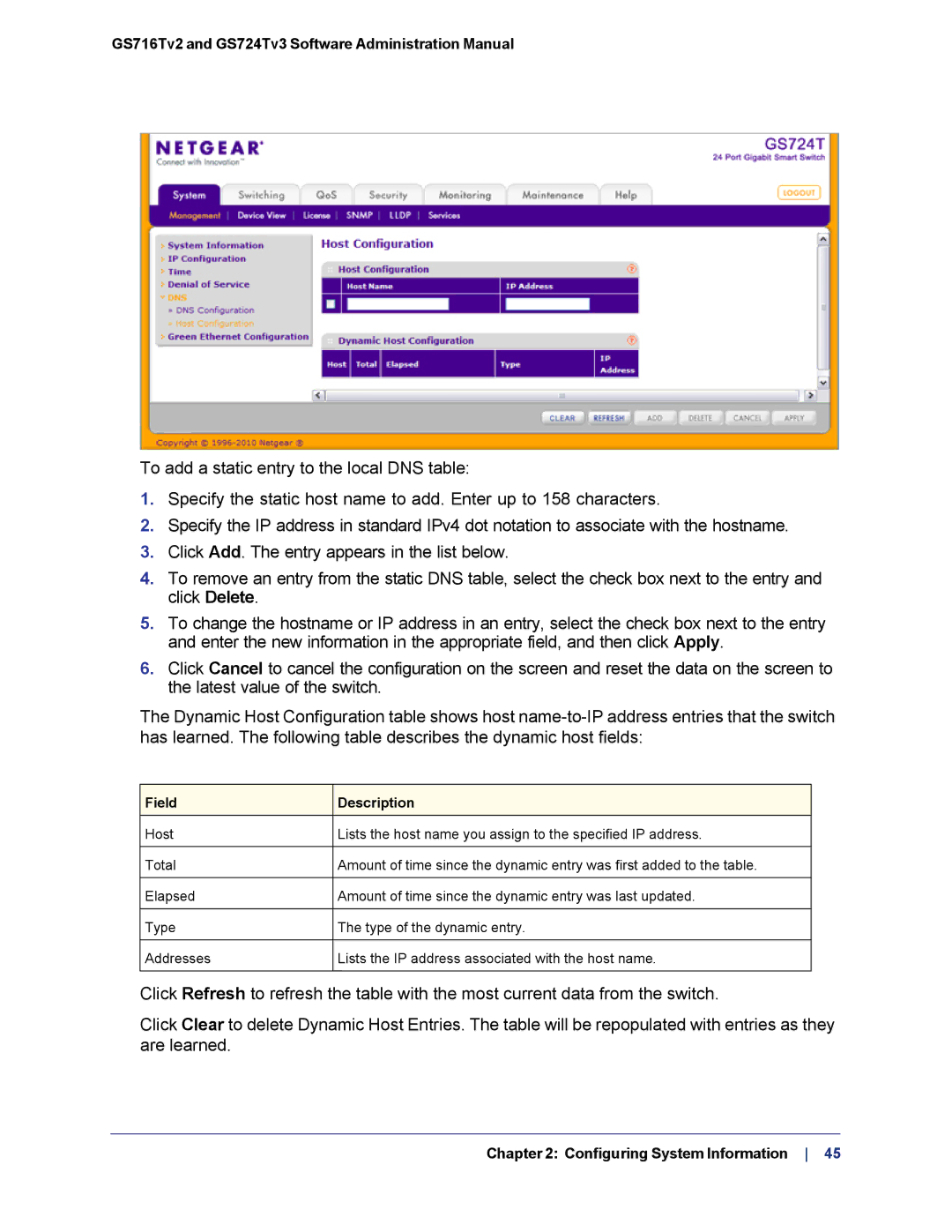 NETGEAR GS724TS-100NAS manual Field Description 